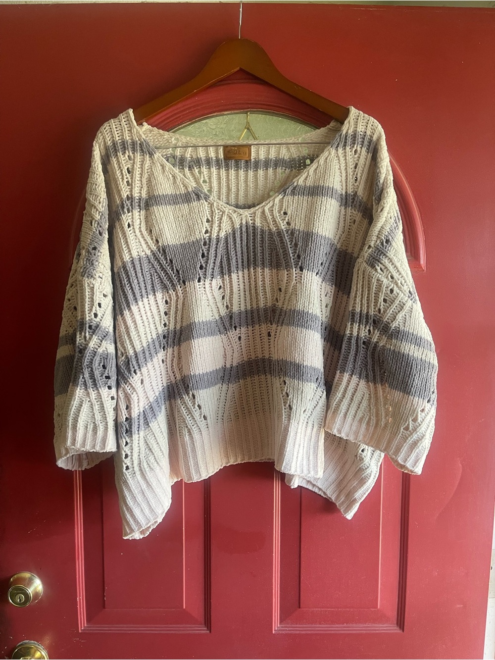 POL oversized Striped V-Neck Knit Sweater in Cream and Gray